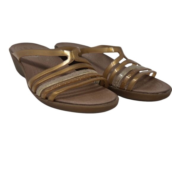CROCS Shoes - Crocs womens sz 9 brown gold tone Isabella mini wedge slide sandal jelly straps